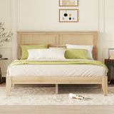 Queen Size Rubber Wood Platform Bed with Rattan Headboard, Bed Frame with Support Legs, Natural - ModernLuxe
