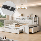 Full Size Daybed Sofa Bed Frame with Trundle, Storage Shelves, Charging Station & Upholstered Side Bench