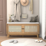 Boho Rattan Entryway Storage Bench, Cushioned Shoe Bench Wooden Shoe Organizer for Hallway/Living Room, Brown
