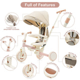 7 in 1 Baby Tricycle, Foldable Toddler Tricycle with Removable and Adjustable Parent Handle, Toddler Push Bike with Removable Pedal, Canopy, and Guardrail, Tricycle for 12-72 Months