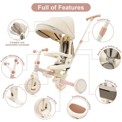 7 in 1 Baby Tricycle, Foldable Toddler Tricycle with Removable and Adjustable Parent Handle, Toddler Push Bike with Removable Pedal, Canopy, and Guardrail, Tricycle for 12-72 Months