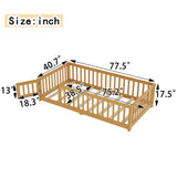 Wooden Floor Bed Frame, Kids Low-Profile Floor Bed, Twin Size Bed with Safety Guardrails & Door, Natural