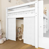 Twin XL Low Loft Bed with 3 Storage Drawers & Integrated Bookshelves, Kids Bed with Play Curtain & Chalkboard