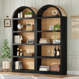 Set of 2 Arched Bookshelves, 5-Tier Farmhouse Open Display Bookcase with Two-Tone Finish & Fabric-Wrapped Top