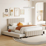 Queen Size Platform Bed, Velvet Upholstered Bed Frame with 2 Drawers and Twin XL Trundle Bed, Beige
