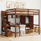 Full Size Loft Bed with L-Shaped Desk, USB Ports, Built-In Wardrobe & Storage Staircase