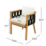 5-Piece Acacia Wood Patio Dining Set, Outdoor Dining Table and 6 Woven Rope Armchairs with Cream Cushions
