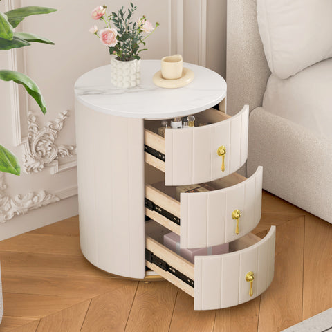 Upholstered Nightstand with 3 Drawers, Round Bedside Table with Metal Handles,Marbling Stickers Top Night Table for Bedroom, Fully Assembled Except Handles, Beige