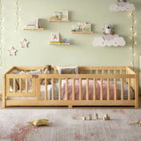Wooden Floor Bed Frame, Kids Low-Profile Floor Bed, Twin Size Bed with Safety Guardrails & Door, Natural