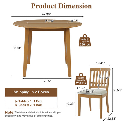 Round Dining Table Set, Drop Leaf Folding Kitchen Table & with 4 Upholstered Chairs, Mid-Century Modern Furniture