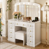 Luxurious Makeup Vanity with 10 Hollywood Bulbs, 3 Color Lighting Modes, Classic Dressing Table with Cushioned Stool and 9 Storage Drawers for Bedroom