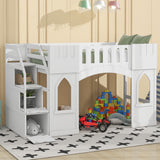 Twin Size Loft Bed with Storage Staircase and Window, Pine Wood Loft Bed Frame