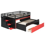Full XL Size Loft Bed with Pull-Out Desk, Twin Trundle, 2 Storage Drawers & Storage Staircases, Multi-Functional Gaming Bunk Bed, Black+Red
