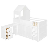 Twin Size Wooden Loft Bed with Desk, Drawers & Cabinets, All-in-One Bed Frame, House-Style Roof & Space-Saving