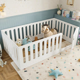 Wood Montessori Floor Bed for Kids, Twin Size Low Profile Floor Bed Frame with High Guardrails & Built-in Door