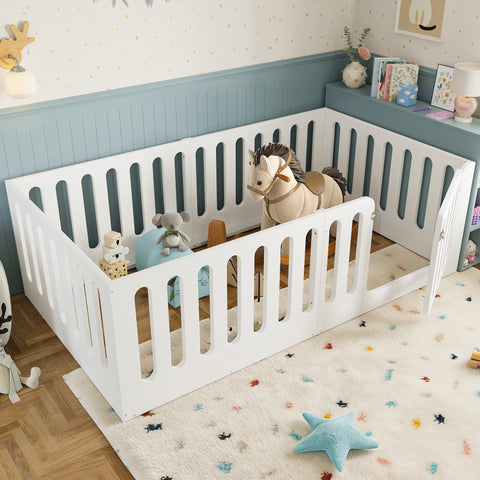 Wood Montessori Floor Bed for Kids, Twin Size Low Profile Floor Bed Frame with High Guardrails & Built-in Door