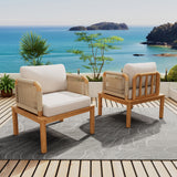 2pcs Patio Accent Chair Club Chair Outdoor Sofa Lounge Chair with Weather-resistant Acacia Wood Frame & Cushion, Teak+Beige