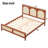 Queen Size Wood Platform Bed with Rattan Headboard & Footboard, Bed Frame with Support Legs