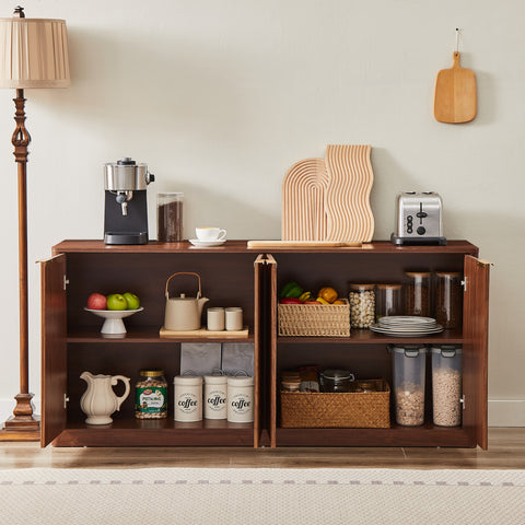 59"W Modern Wavy Sideboard, Curved Contour Design Storage Cabinet, 4-Door Cabinet with Storage Function, Suitable for Kitchen/Bedroom/Living Room, Walnut