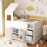 Twin Size Wooden Loft Bed with Desk, Drawers & Cabinets, All-in-One Bed Frame, House-Style Roof & Space-Saving