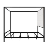 King Size Canopy Bed Metal 4-Poster Bed Frame with Tall Linen Fabric Upholstered Headboard, Box Spring Needed, Black+White