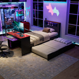 Twin Size Daybed with Trundle & Gaming Desk, Wood Bed Frame with RGB LED light, USB Ports & Keyboard Tray