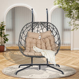 Double Egg Chair with Stand, Patio Hanging Basket Swing Chair Hammock Chair with Cushion&Rust-Resistant Frame, Indoor/Outdoor, Khaki&Gray