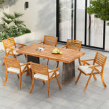 7 PCS Outdoor Dining Set for 6, Patio Dining Furniture Set with 6 Accent Chairs & Cushion, Weather-Resistant Acacia Wood Frame, Gray+Teak