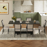 7-Piece Extendable Dining Set, 58"-82" Rustic Trestle Kitchen Table with 6 Upholstered Chairs & Two 12" Removable Leaves