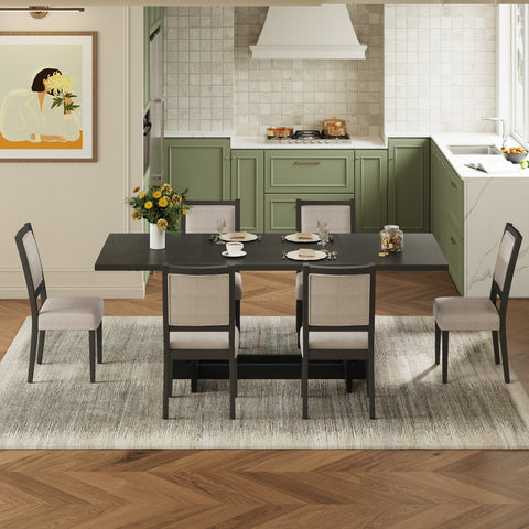 7-Piece Extendable Dining Set, 58"-82" Rustic Trestle Kitchen Table with 6 Upholstered Chairs & Two 12" Removable Leaves