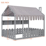 Full Size Toddler Bed Kid Floor Bed Montessori House Bed Platform Bed with Tent, Light, 3 Storage Shelves & Safety Fence Rail, Gray