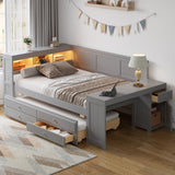 Full Size Daybed with Storage, Trundle Bed, Built-In Desk, LED Light & Charging Station, Gray