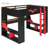 Full Size Gaming Loft Bed with Power Hub, RGB Lights & Cable Management, Wood Bed Frame, Integrated Desk & Storage