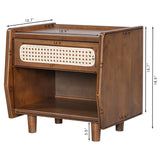 Nightstand with Rattan Detail, Modern Bedroom End Table with Open Shelf & Drawer