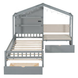 Twin Size House Bed with Upholstered Sofa, Platform Bed with Charging Station, Shelves and 2 Drawers, Gray