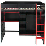 Full Size Wood Gaming Loft Bed with Desk, Open Wardrobe, Storage Compartments & RGB Lights, Red