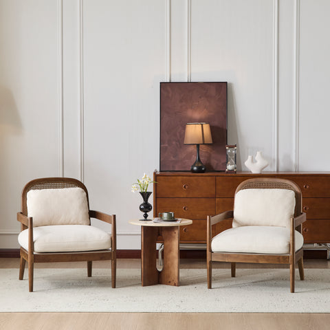 Set of 2 Accent Chair Mid-Century Modern Armchair Reading Chair Leisure Chair with Cushion & Solid Wood Frame, Beige & Brow