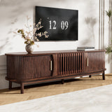 Modern Farmhouse TV Stand for 75" TVs, Entertainment Center with Sliding Doors, Cabinet & Solid Wood Legs, Dark Brown Textured Woodgrain