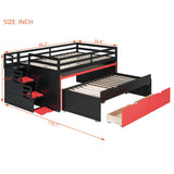 Full XL Size Loft Bed with Pull-Out Desk, Twin Trundle, 2 Storage Drawers & Storage Staircases, Multi-Functional Gaming Bunk Bed, Black+Red