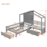 Twin Size House Bed with Upholstered Sofa, Platform Bed with Charging Station, Shelves and 2 Drawers, Gray