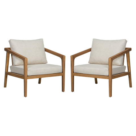 Set of 2 Outdoor Acacia Wood Club Chairs Patio Accent Chair Armchair with Cushions, Teak+Beige