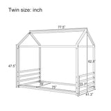 Twin Size Montessori Style Metal Floor Bed Frame, House Shaped Bed with Guardrails for Kids and Toddlers, Easy Assemble, No Slats, White