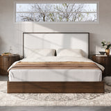 Queen Solid Wood Platform Bed Frame with Upholstered Headboard, Walnut