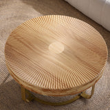 31.5"W Modern Retro Round Coffee Table with Metal Legs, Pine Wood Table Top with Carving Pattern, Gloden