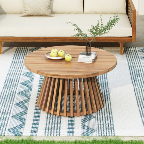 Round Acacia Wood Patio Coffee Table with Slatted Pedestal Base, Weather-Resistant, Indoor/Outdoor Coffee Table