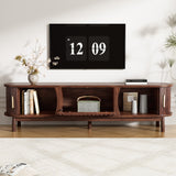 Modern Farmhouse TV Stand for 75" TVs, Entertainment Center with Sliding Doors, Cabinet & Solid Wood Legs, Dark Brown Textured Woodgrain