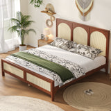 Queen Size Wood Platform Bed with Rattan Headboard & Footboard, Bed Frame with Support Legs