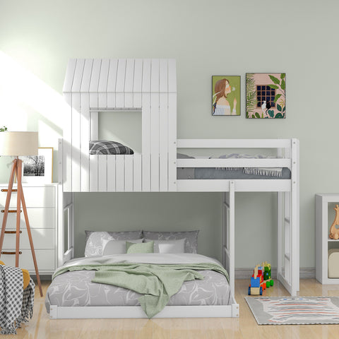 Twin Over Full Bunk Bed Loft Bed with Playhouse Design, Ladder & Guardrails