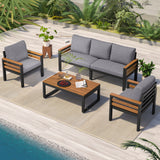 4-Piece Outdoor Patio Furniture Set with Acacia Wood Armrests, Metal Frame Patio Conversation Set with Coffee Table