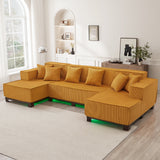 U-Shaped Sectional Sofa Upholstered Sofa Couch with Ligh t & 6 Pillows, Orange